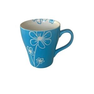 Starbucks 2007 Blue Turquoise Embossed Daisy Mug 15oz White Floral Coffee Cup